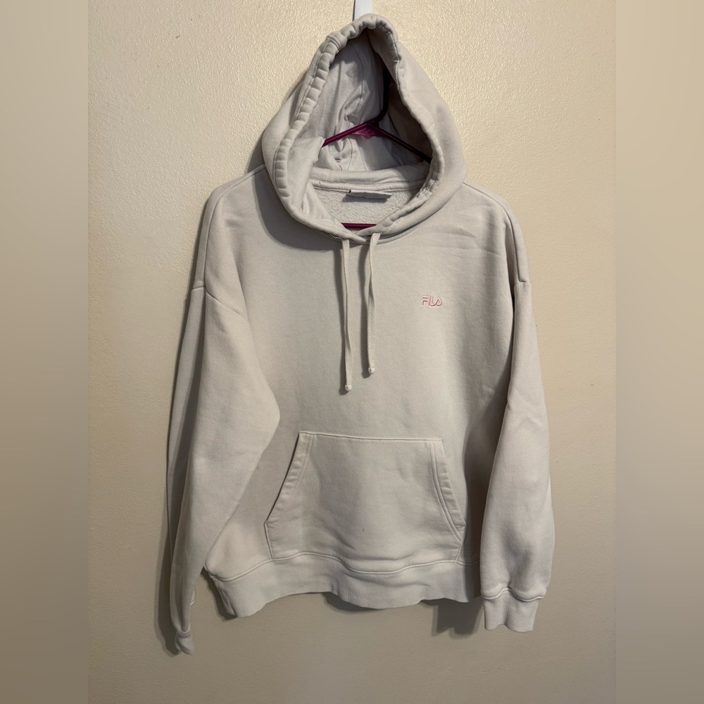 Woman’s FILA Cream Long Crop Hoodie With A Pink Logo Size XL